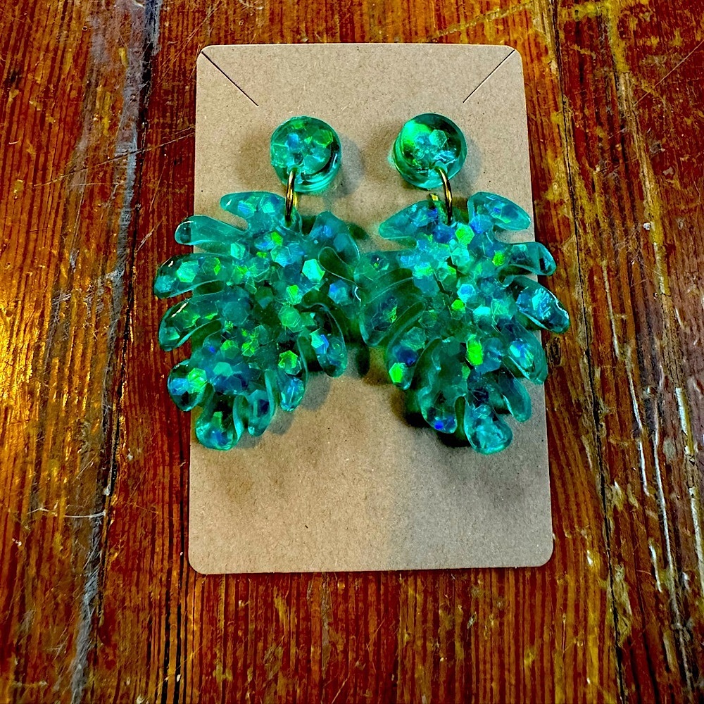 Handmade palm leaf earring! Green and blue!